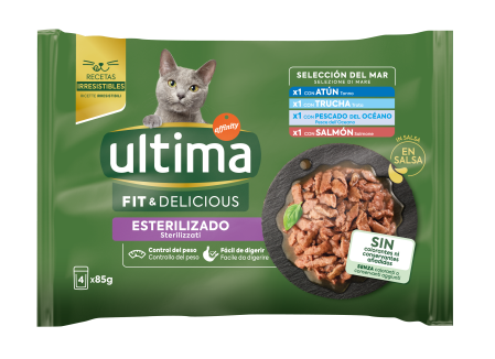 Ultima Pisici - Ultima Plic – Pisică Adultă Sterilizată Fit & Delicious Multipack cu Pește - ton, păstrăv, somon și pește oceanic în sos 4x85g