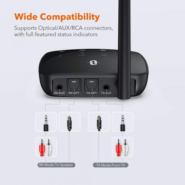 Adaptor Bluetooth Transmitator si Receptor Audio TaoTronics TT-BA014, Bluetooth 5.0, Cablu Optic Jack 3.5mm, conectare 2 casti, aptX HD, 50m [4]