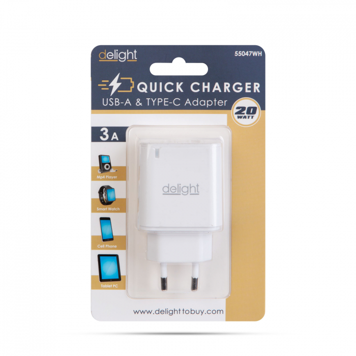 Alimentator USB + Type-C telefon PD20W, încărcare rapidă, doua porturi incarcare, alb - DELIGHT [4]