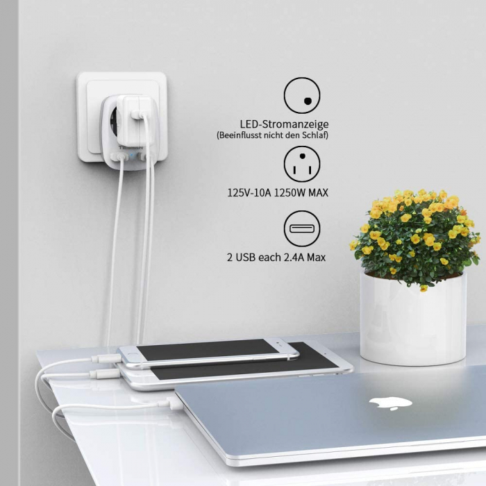 Adaptor priza de calatorie pentru standard Europe to USA Tessan TS-611, EU - US, 2xUSB - 2,4A, 10 A [3]
