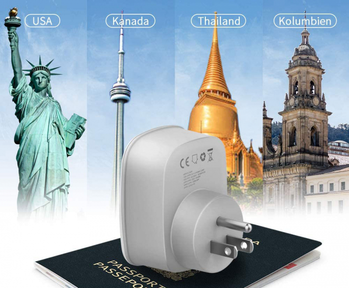 Adaptor priza de calatorie pentru standard Europe to USA Tessan TS-611, EU - US, 2xUSB - 2,4A, 10 A [6]