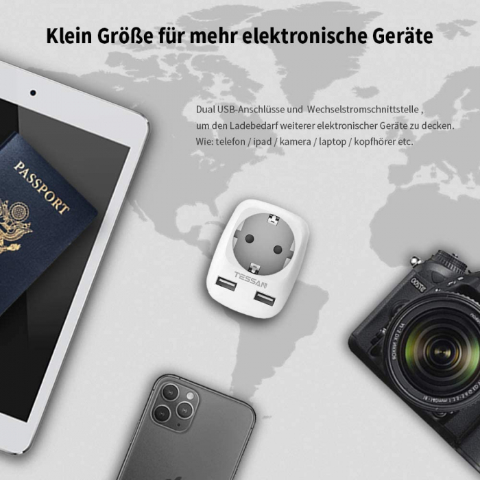 Adaptor priza de calatorie pentru standard Europe to USA Tessan TS-611, EU - US, 2xUSB - 2,4A, 10 A [5]