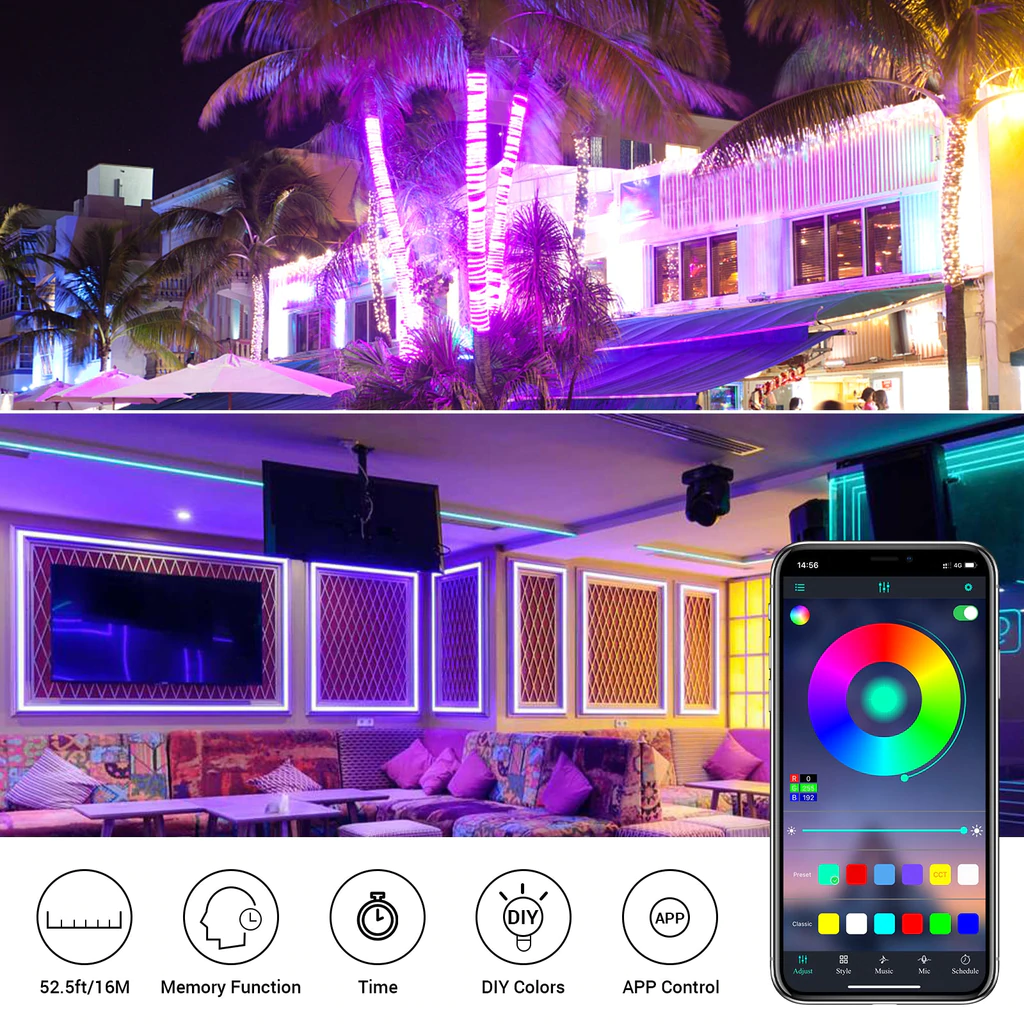 Banda LED RGB Novostela 16m, Exterior, IP65, 30 leduri m, Telecomanda, Bluetooth, Control Aplicatie [5]