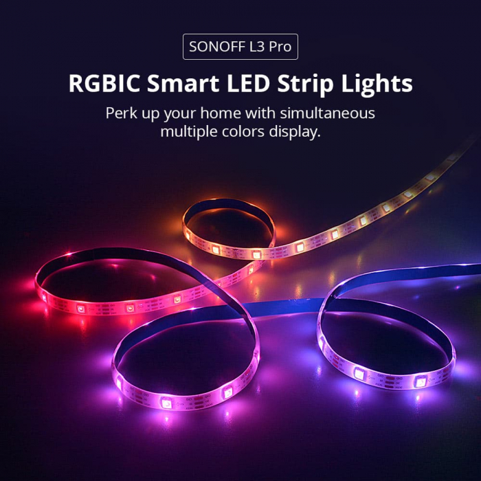 Banda LED Sonoff Wifi RGBIC L3-Pro, 5m, Smart, Bluetooth, Sincronizare Muzica, 30 LED m, Alimentare USB [4]