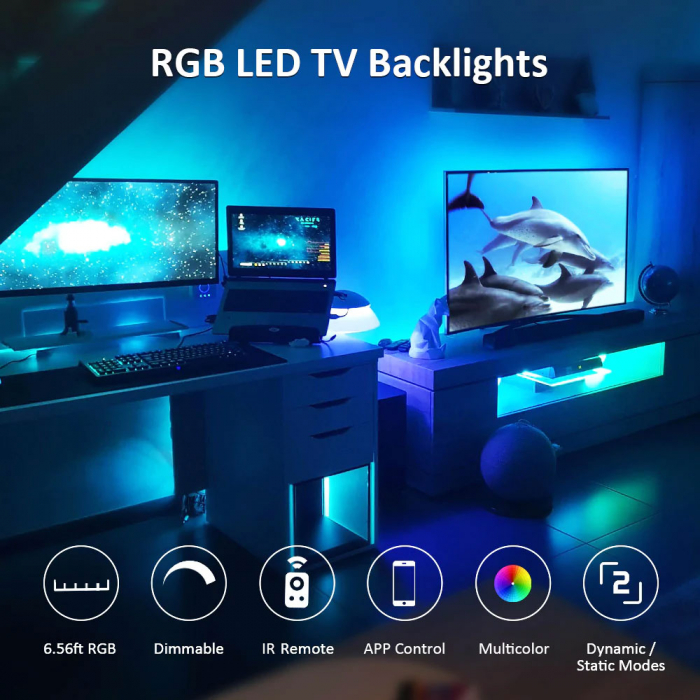 Banda LED TV RGB Ustellar, Smart, USB, Telecomanda, 2m, LED 5050, 60 Leduri [3]