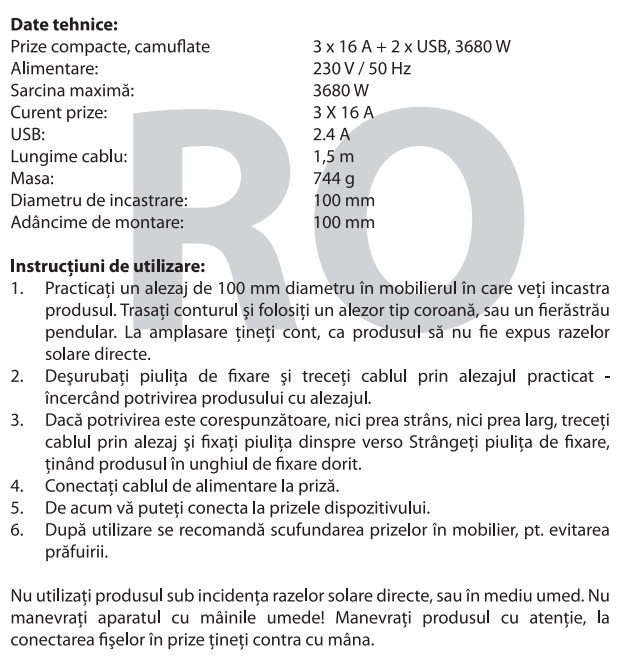 Bloc multipriza incorporabil in blat/ birou, 3 prize, 2 x USB, cablu 1.5M [6]