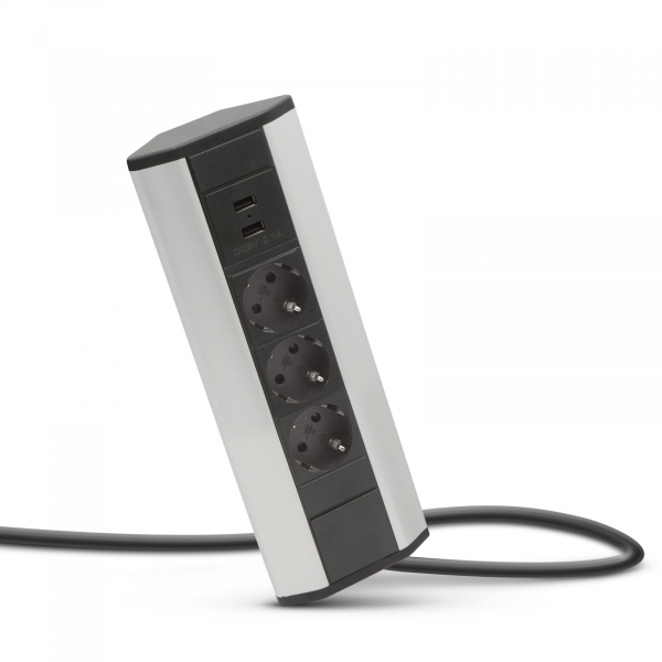 Bloc multiprize incorprabil, de colţ, rabatabil + 2x USB, 2,1A, cablu 1.5 m - argintiu metalic [2]