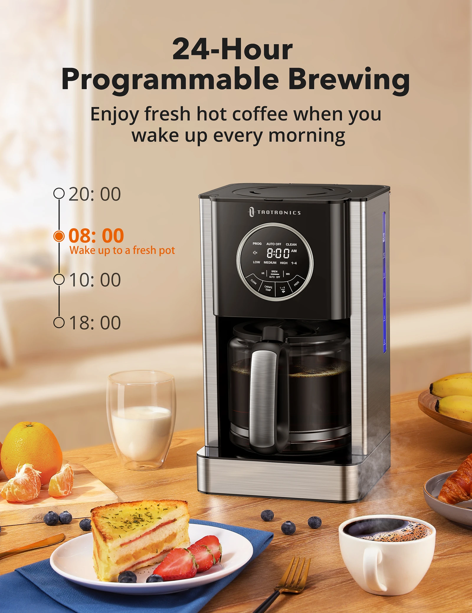 Cafetiera cu Filtru TaoTronics TT-CM001, 1000W, 1.8 L, Control Touch, Cana Sticla, Timmer Programabil 24 ore [5]