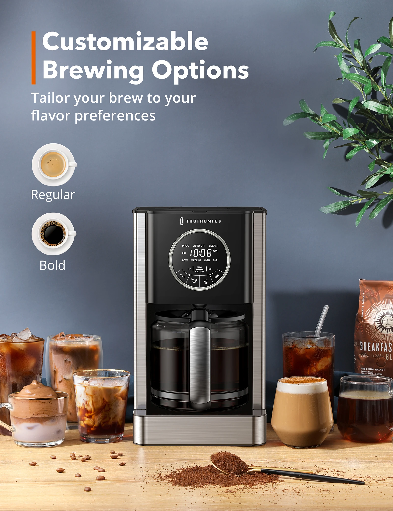 Cafetiera cu Filtru TaoTronics TT-CM001, 1000W, 1.8 L, Control Touch, Cana Sticla, Timmer Programabil 24 ore [4]