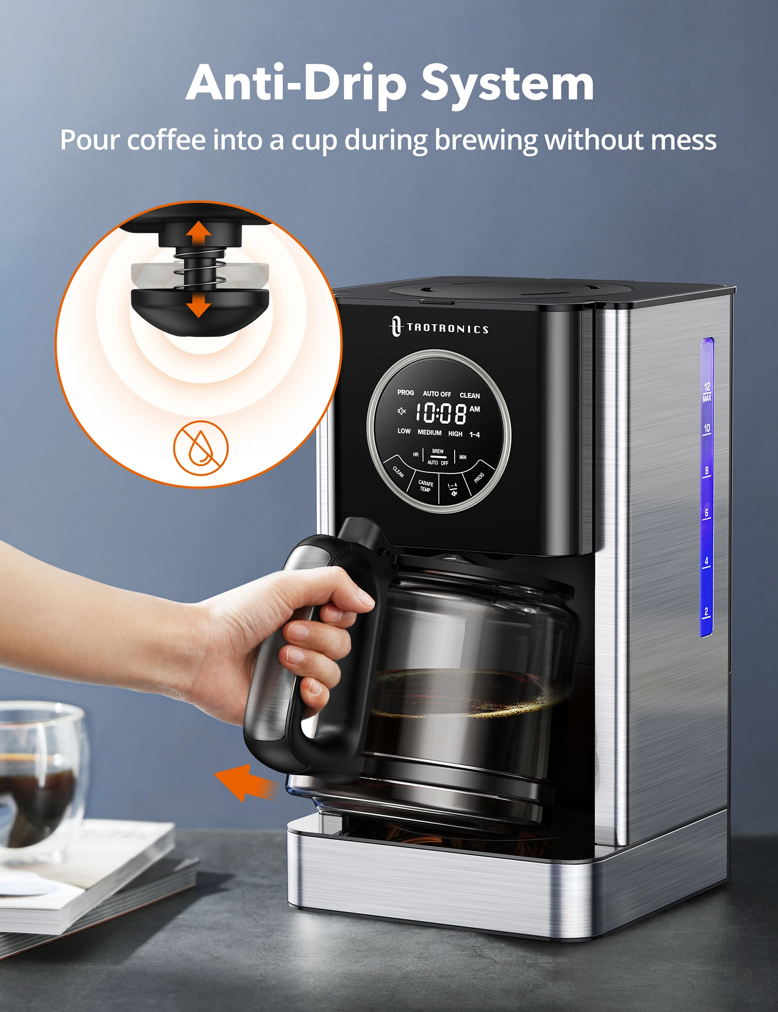 Cafetiera cu Filtru TaoTronics TT-CM001, 1000W, 1.8 L, Control Touch, Cana Sticla, Timmer Programabil 24 ore [6]
