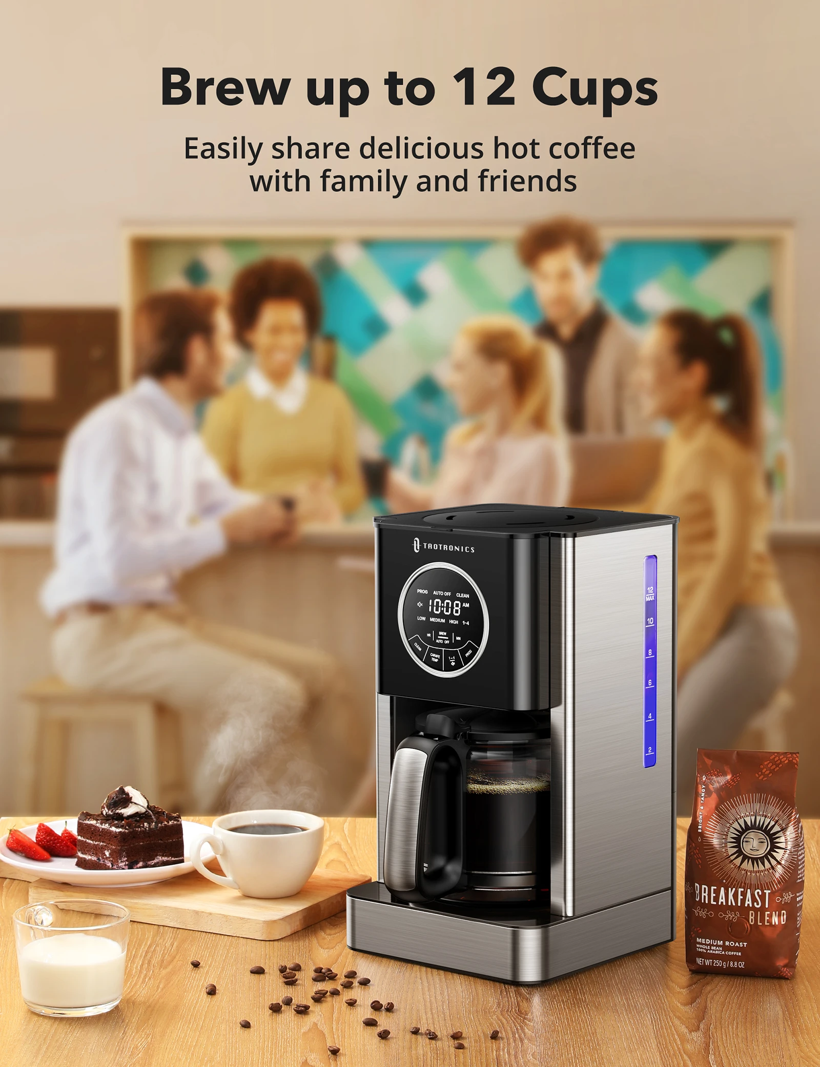 Cafetiera cu Filtru TaoTronics TT-CM001, 1000W, 1.8 L, Control Touch, Cana Sticla, Timmer Programabil 24 ore [3]