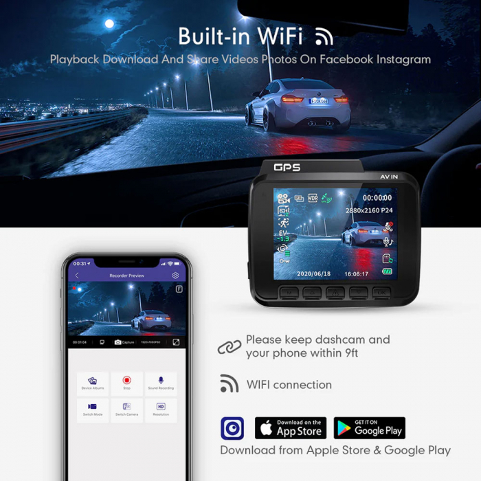 Camera auto DVR AZDOME GS63H, 4K, WiFi, GPS, Unghi 170, WDR, G-Sensor, Mod parcare, Filmare bucla [5]