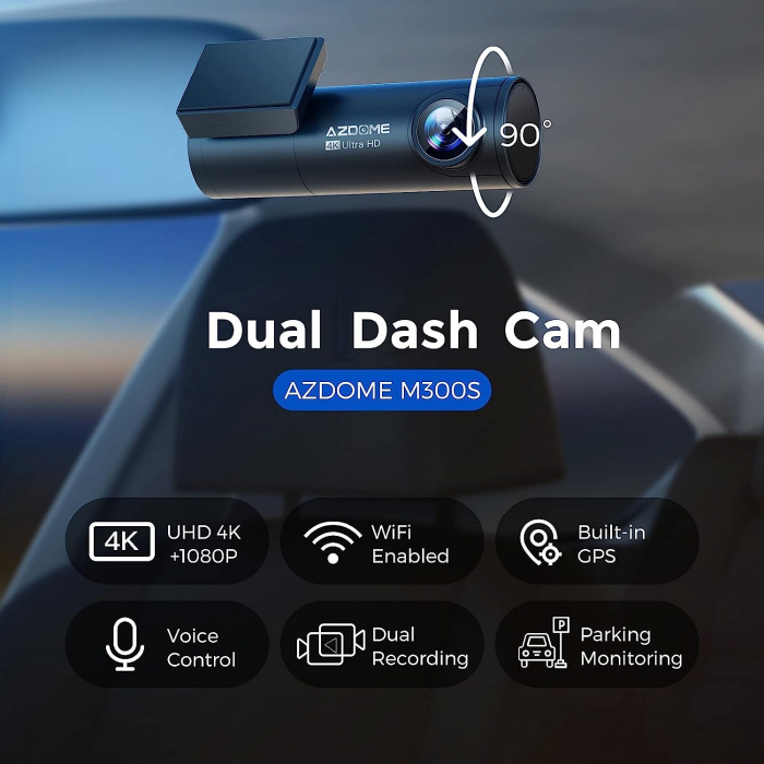 Camera auto DVR AZDOME M300S, Dubla, 4K + 1080P, 5GHz WiFi, GPS, Unghi 170, Comanda vocala, Card 64G inclus [3]