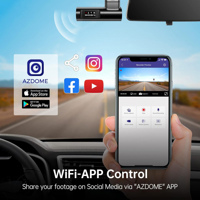 Camera auto DVR AZDOME M330, Wifi, 1080P FHD, WiFi, Unghi 170  , G-Sensor, Loop Recording, Parking Monitor, Super Night Vision [4]