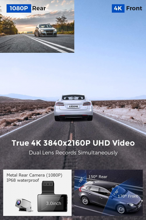 Camera auto DVR AZDOME M63, Dubla, 4K + 1080P, WiFi, GPS, Unghi 170, WDR, G-Sensor, Mod parcare, Night Vision [6]