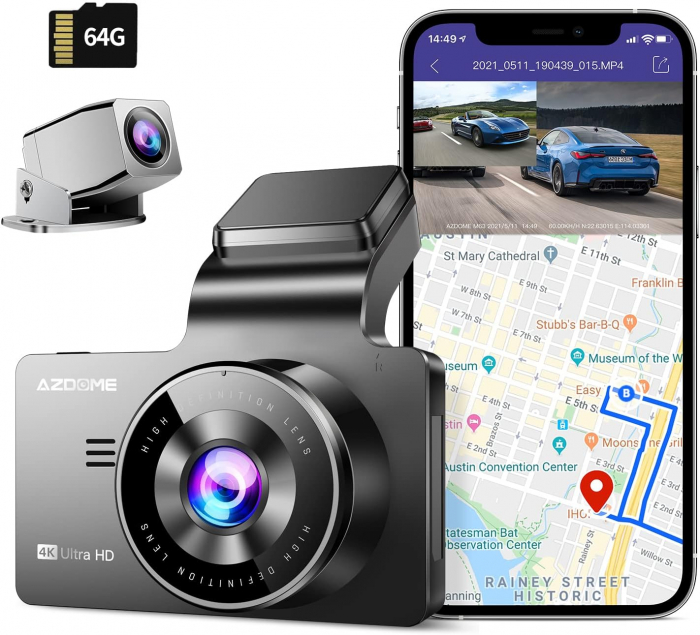 Camera auto DVR AZDOME M63, Dubla, 4K + 1080P, WiFi, GPS, Unghi 170, WDR, G-Sensor, Mod parcare, Night Vision [2]