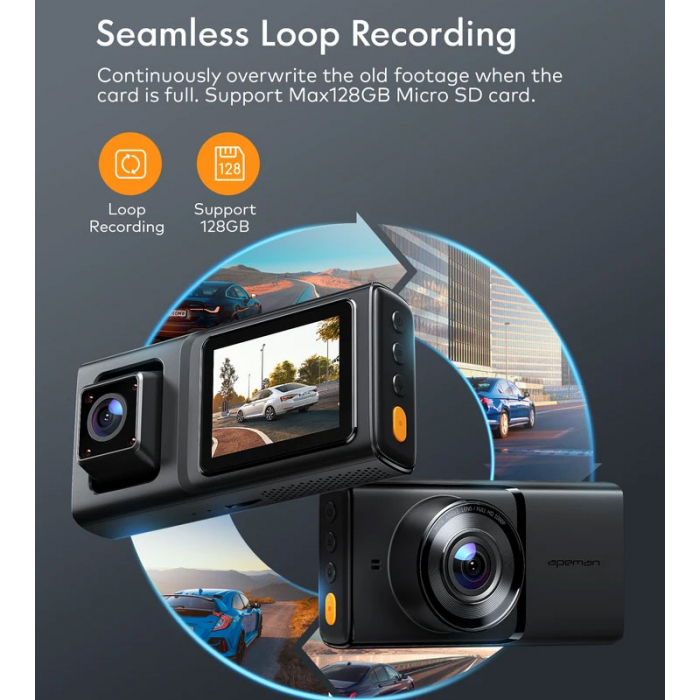 Camera auto DVR Dubla APEMAN C680, Full HD, Bord si Spate, Unghi 170 grade, WDR, G-Sensor, Mod parcare, Filmare in bucla [7]