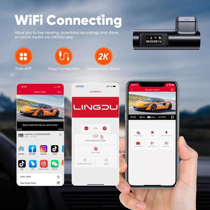 Camera auto DVR LINGDU D100 Smart, 2.5K, WiFi, GPS, Unghi 150  , WDR, Parking Mode, Loop, G-Sensor, Control vocal [4]