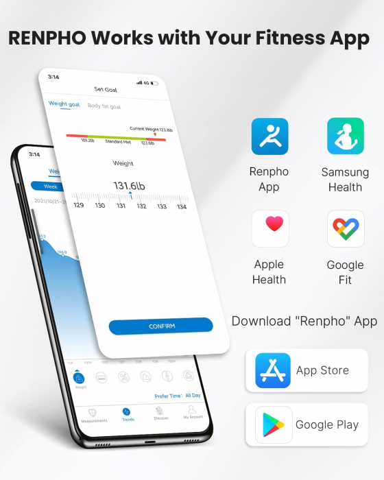Cantar de baie Smart Renpho 26M, Maxim 180Kg, 13 masuratori, BMI, BMR IMC, Bluetooth, compatibil Fitbit, Apple Health, Google Fit - Alb [6]