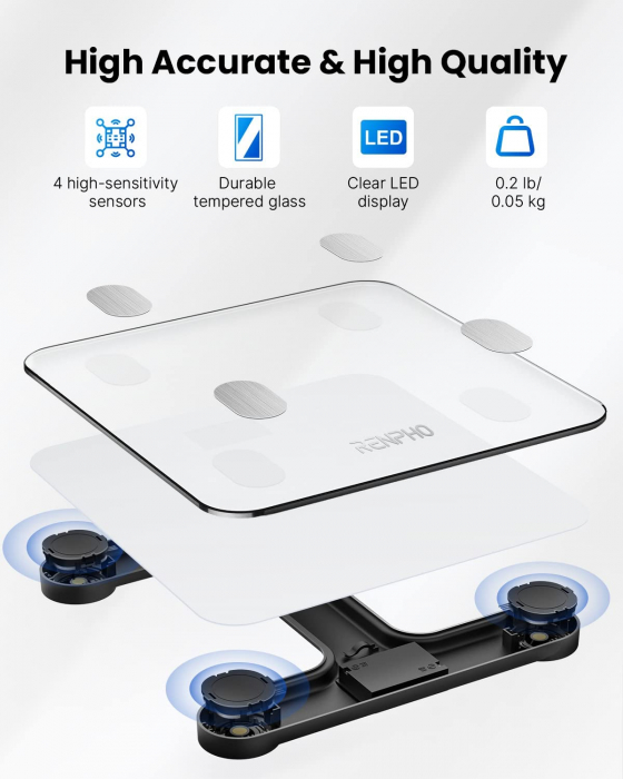 Cantar de baie Smart Renpho 26M, Maxim 180Kg, 13 masuratori, BMI, BMR IMC, Bluetooth, compatibil Fitbit, Apple Health, Google Fit - Alb [2]