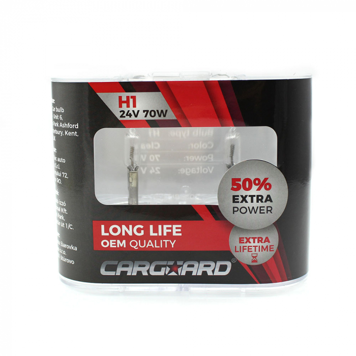 CARGUARD - Set de 2 becuri Halogen 24V - H1, 70W, +50% Intensitate - LONG LIFE [3]