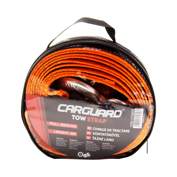 Chinga de tractare lungime 4m - 6500kg, carlige prindere, culoare portocalie - Carguard [2]