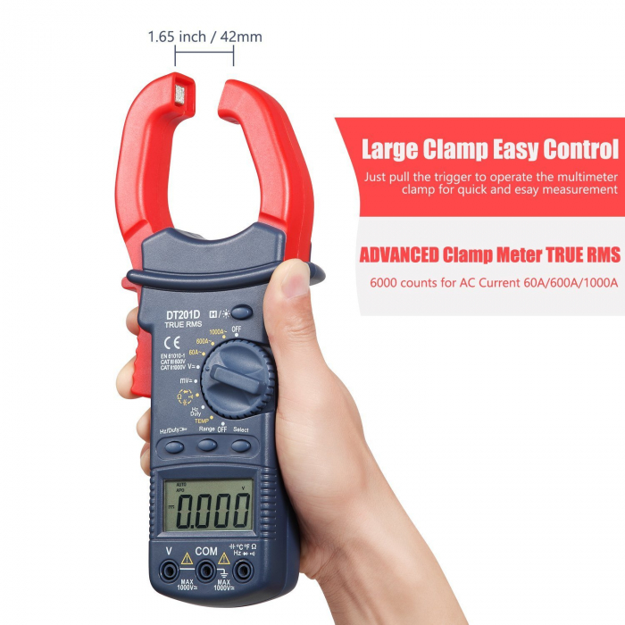 Cleste ampermetric digital AstroAI DT201D, TRMS 6000 Counts, Auto-ranging, Tensiune, Curent AC DC, rezistenta, capacitatea, frecventa, continuitate, Test dioda, Temperatura [3]