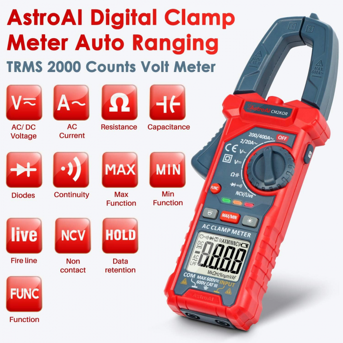 Clampermetru cleste Multimetru digital AstroAI CM2K0R, Auto-ranging, Tensiune AC/ DC, rezistenta, capacitatea, frecventa [2]