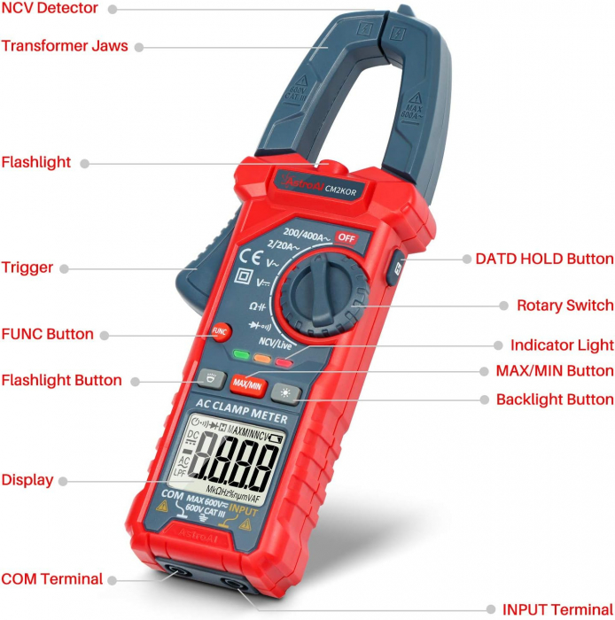 Clampermetru cleste Multimetru digital AstroAI CM2K0R, Auto-ranging, Tensiune AC/ DC, rezistenta, capacitatea, frecventa [3]