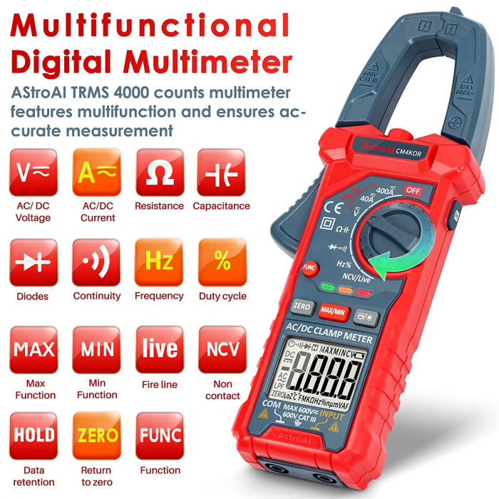 Clampermetru digital AstroAI CM4KOR 4000 Counts, Auto-ranging, Tensiunea, Curent AC DC, rezistenta, capacitatea, frecventa, continuitatea [3]