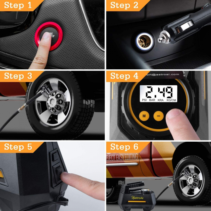 Compresor Auto AstroAI 12V, 100PSI, Digital, Lumina de urgenta, Adaptoare incluse, Negru [7]