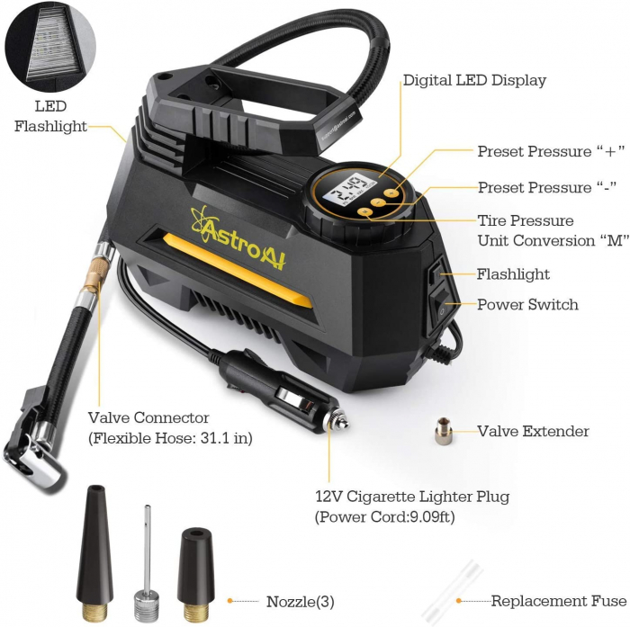 Compresor Auto AstroAI 12V, 100PSI, Digital, Lumina de urgenta, Adaptoare incluse, Negru [2]