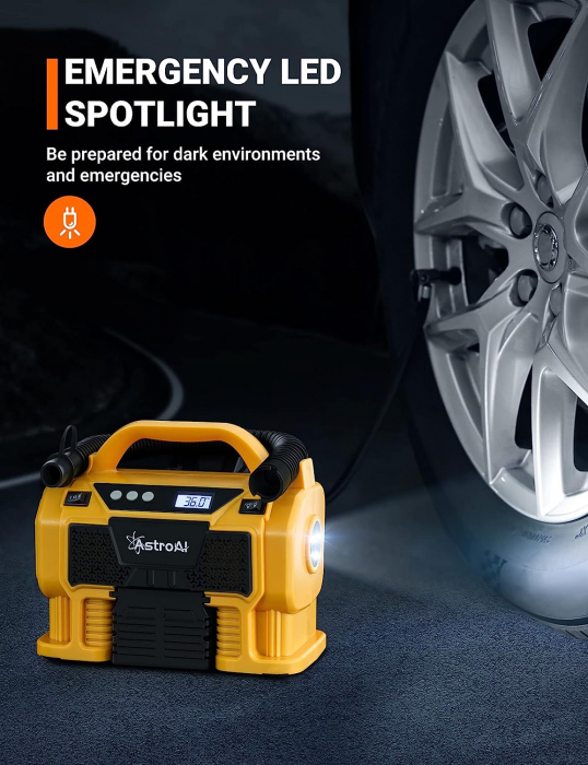 Compresor portabil cu acumulator AstroAI 3PLYE, 12V DC, 160PSI, Digital, Structura metalica, Adaptoare incluse [6]