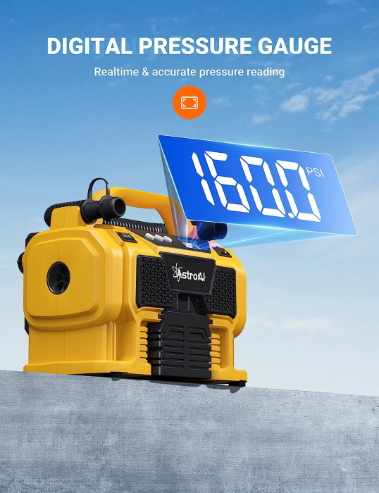 Compresor portabil cu acumulator AstroAI 3PLYE, 12V DC, 160PSI, Digital, Structura metalica, Adaptoare incluse [5]
