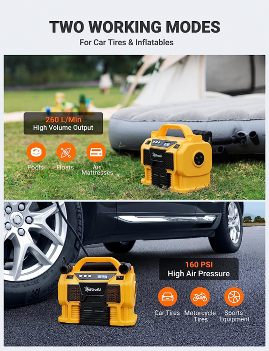 Compresor portabil cu acumulator AstroAI 3PLYE, 12V DC, 160PSI, Digital, Structura metalica, Adaptoare incluse [3]