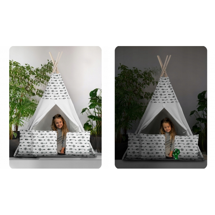 Cort de joaca pentru copii cu ghirlanda, 3 pernite si lampa LED cactus, Ricokids 740402, 120 X 120 X 165 cm - Alb [5]