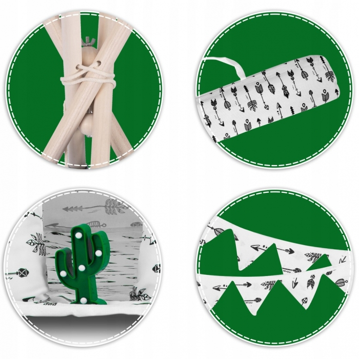 Cort de joaca pentru copii cu ghirlanda, 3 pernite si lampa LED cactus, Ricokids 740402, 120 X 120 X 165 cm - Alb [4]