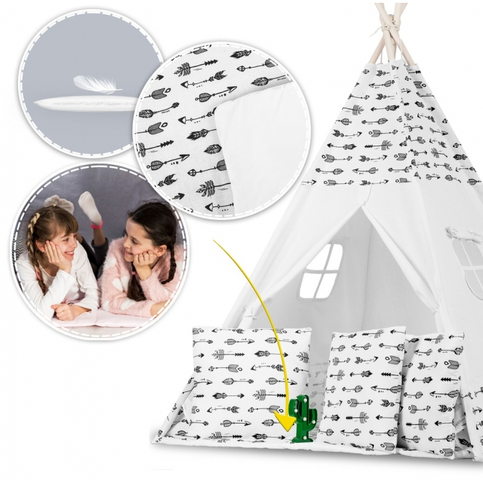 Cort de joaca pentru copii cu ghirlanda, 3 pernite si lampa LED cactus, Ricokids 740402, 120 X 120 X 165 cm - Alb [2]
