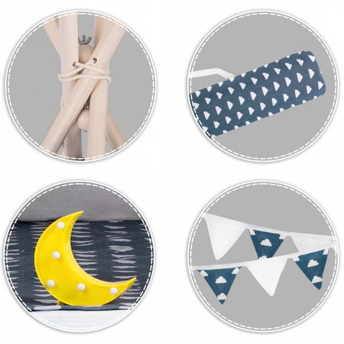 Cort de joaca pentru copii cu ghirlanda, 3 pernite si lampa LED luna, Ricokids 740404, 120 X 120 X 165 cm - Bleumarin [4]
