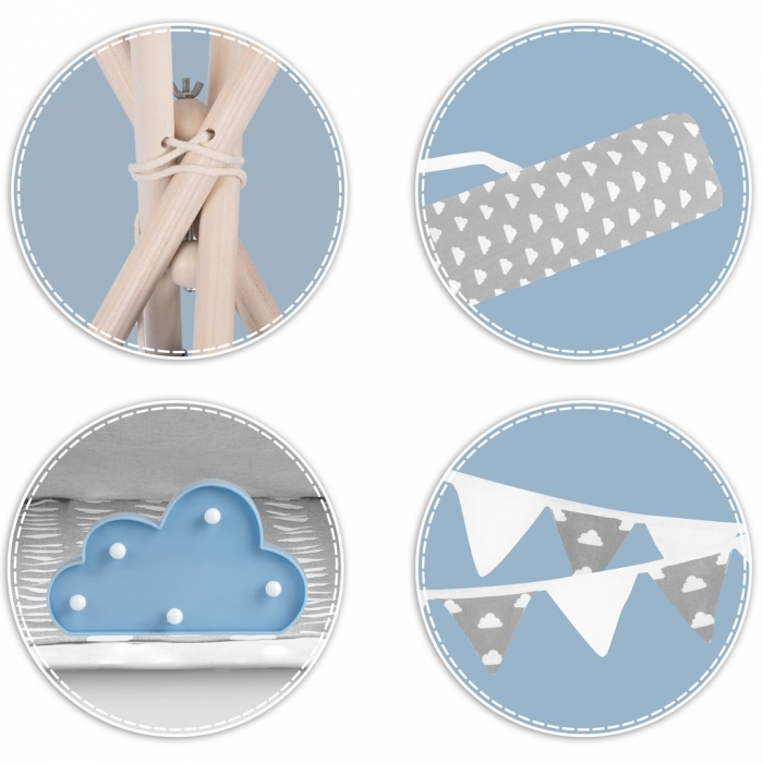 Cort de joaca pentru copii cu ghirlanda, 3 pernite si lampa LED norisor, Ricokids 740401, 120 X 120 X 165 cm - Gri [4]