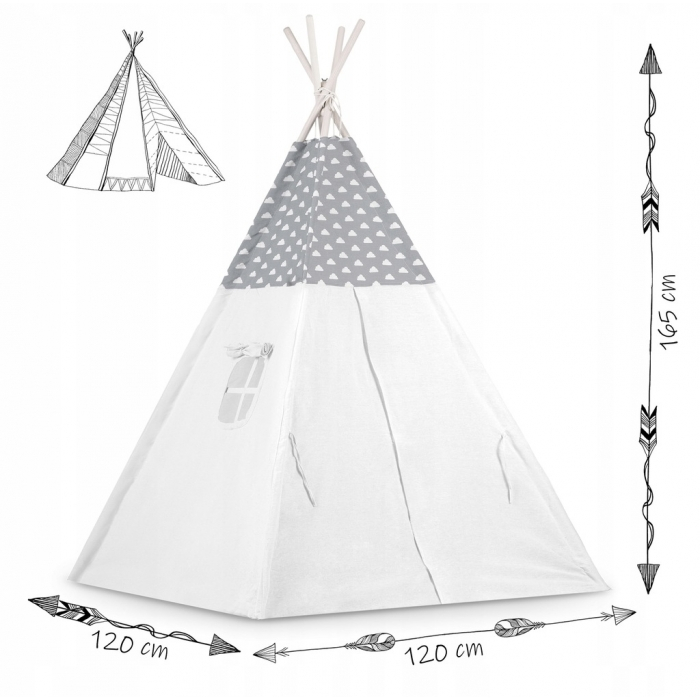 Cort de joaca pentru copii cu ghirlanda, 3 pernite si lampa LED norisor, Ricokids 740401, 120 X 120 X 165 cm - Gri [6]