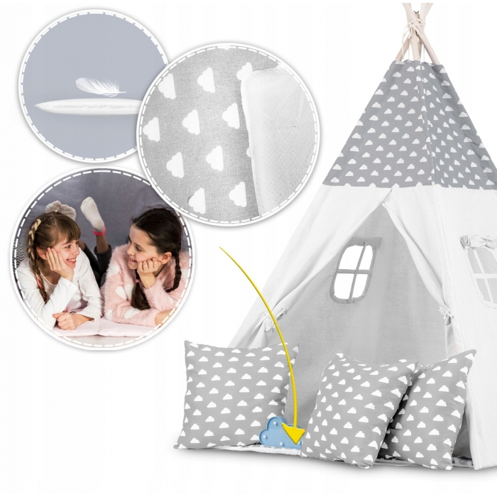 Cort de joaca pentru copii cu ghirlanda, 3 pernite si lampa LED norisor, Ricokids 740401, 120 X 120 X 165 cm - Gri [2]