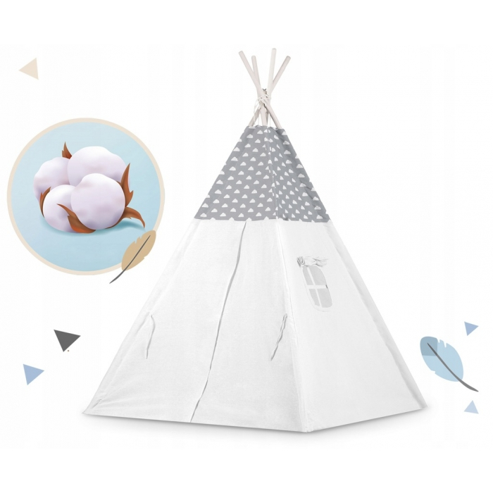 Cort de joaca pentru copii cu ghirlanda, 3 pernite si lampa LED norisor, Ricokids 740401, 120 X 120 X 165 cm - Gri [3]