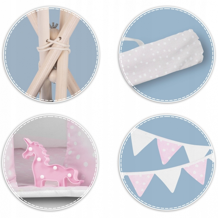 Cort de joaca pentru copii cu ghirlanda, 3 pernite si lampa LED unicorn, Ricokids 740403, 120 X 120 X 165 cm - Roz [3]