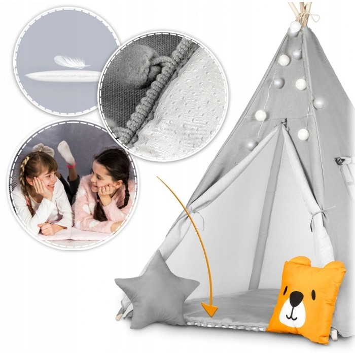 Cort De Joaca Pentru Copii Cu ghirlanda, Lumini, covoras si 2 pernite Ricokids 120 X 120 X 165 Cm - Gri [2]