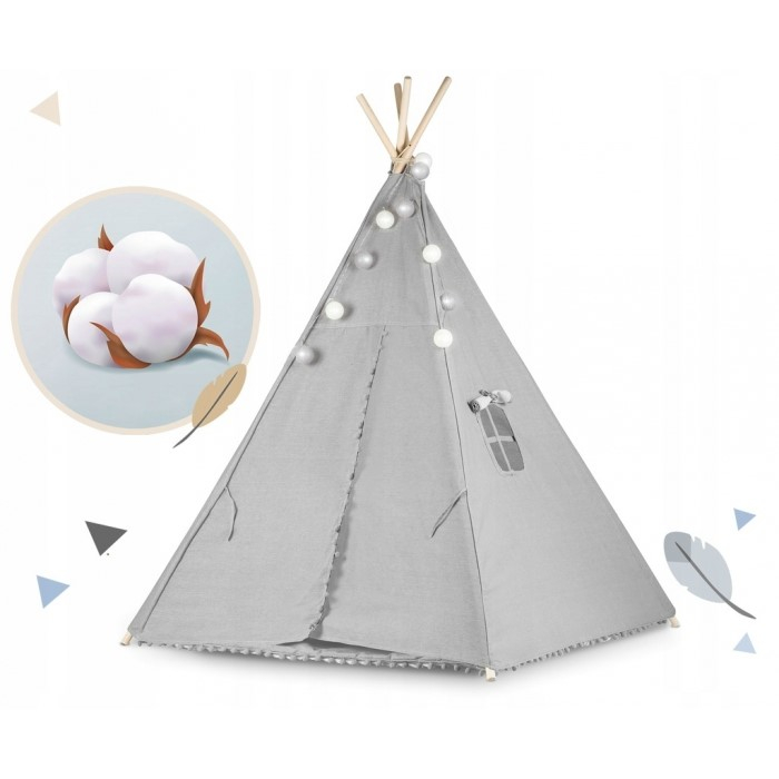 Cort De Joaca Pentru Copii Cu ghirlanda, Lumini, covoras si 2 pernite Ricokids 120 X 120 X 165 Cm - Gri [3]