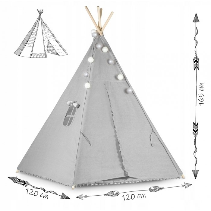 Cort De Joaca Pentru Copii Cu ghirlanda, Lumini, covoras si 2 pernite Ricokids 120 X 120 X 165 Cm - Gri [8]