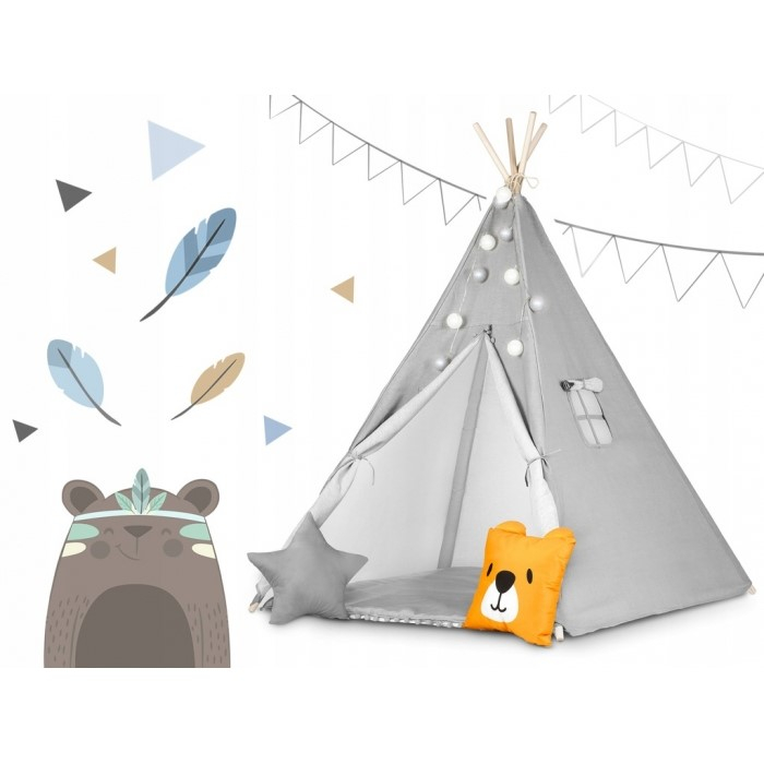 Cort De Joaca Pentru Copii Cu ghirlanda, Lumini, covoras si 2 pernite Ricokids 120 X 120 X 165 Cm - Gri [7]