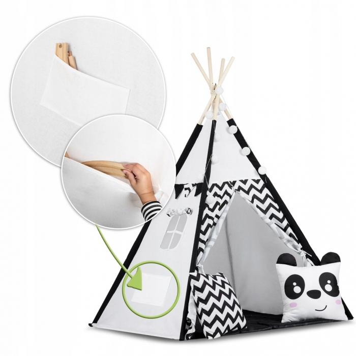 Cort de joaca pentru copii cu ghirlanda,lumini si 2 pernite Ricokids 740005, 120 X 120 X 165 cm - Panda [7]
