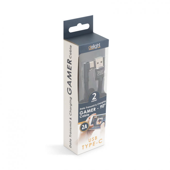 Delight - Cablu de date - USB Type C, Gamer, execuţie 90° - negru, 2m – 2A [3]